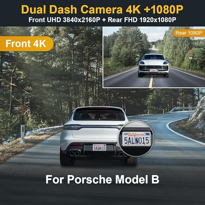 Fitcamx Front 4K+ Rear 1080P Dash Cam Adpats for Porsche Macan 95B Panamera 970 Cayenne 958 92A E2 (Model B), OEM Factory Look, Dual HD Video, WiFi & APP, Loop Recording, G-Sensor, 128GB Card