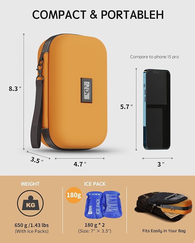 Insulin Cooler Travel Case with Temp Display, 2 x 180g TSA Approved Ice Packs, 9-Layer Insulation for Improved Cooling, Insulin Pen Case, Waterproof, for Daily Use and Trips (Bright Orange)