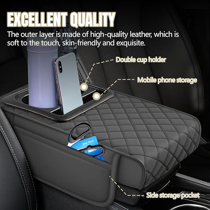 Hovom Car Center Console Cover, 13.39"×7.87"×2.76" Leather Armrest Cover for Cars, Memory Foam Armrest Pillow with Pocket, Cup Holder & Phone Slot, Universal Vehicle Arm Rest Cushion Pad (Gray)