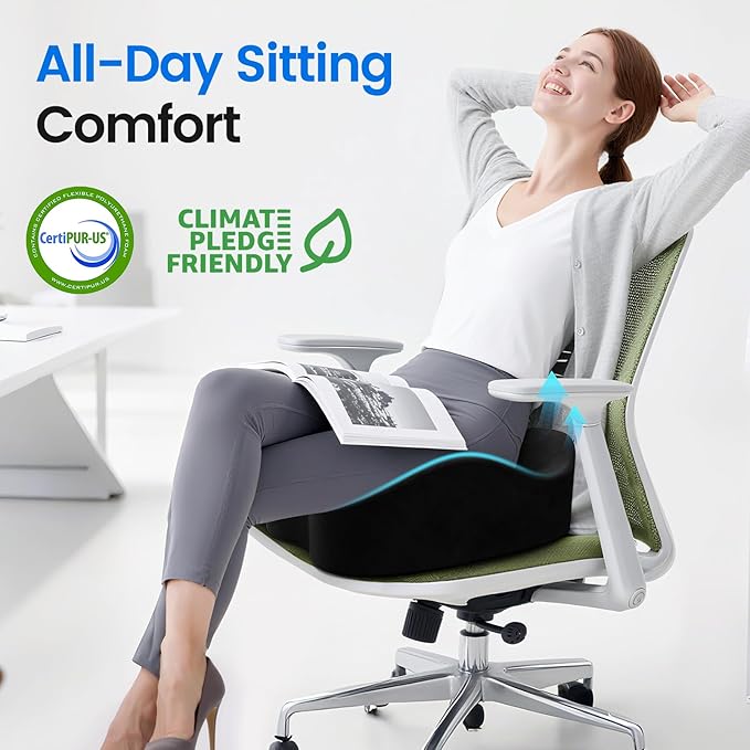 Seat Cushion with Carry Handle, Memory Foam for Tailbone/Sciatica Easing, Chair Cushions for Cars, Desks, Office Chair Cushion with Non-Slip Design, Ideal for Post-Surgery Recovery (Black)