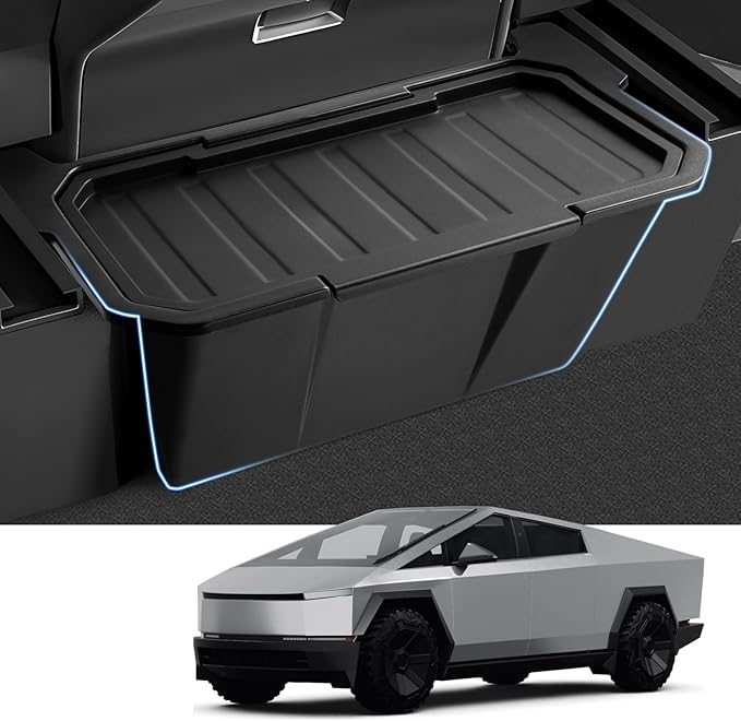 Canvcle Rear Floor Storage Box for 2024 2025 2026 Tesla Cybertruck Accessories, 2nd Row Floor Storage Bin TPE Backseat Storage Box Rear Center Console Organizer with Anti-Slip Lid Cover Trash Can