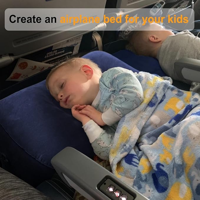 Inflatable Travel Foot Rest Pillow, Kids Airplane Bed, Adjustable Height Leg Pillow for Air Travel, Make a Flat Bed for Toddlers, Great for Airplane, Train, Car,Small Size（Blue, 1 Pack）