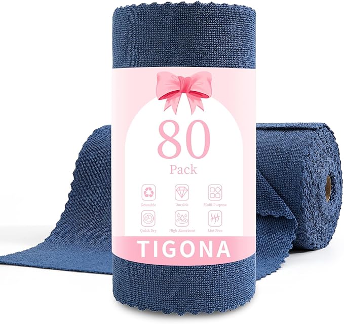 80 Pack Microfiber Cleaning Cloth Roll,Lint Free Rags & Tear Away Reusable Towels Washable Scratch,Ultra Absorbent Dish Rags(12" x 12") for Car Kitchen Home Garage-Navy Blue