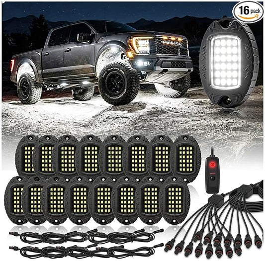 16 Pods Pure White LED Rock Lights, IP68 Waterproof Aluminum 6500K Bright White Underglow Light with Extension Cord Harness,12V Metal Fender Lights for Trucks Off Road UTV ATV Car Golf Trailer Etc