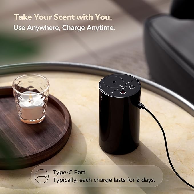 Airversa Waterless Essential Oil Diffuser Starter Kit with 2x20mL Hotel Fragrance Oils for Car Home Office, Up to 600 sq ft, Cordless Nebulizer Baterry Operated, Mist & Timer Settings AN8Kit-C, White