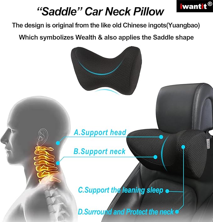 iwantit® Car Neck Pillows with Memory Foam, Neck Supporting for Long Time Driving, Adjustable Straps and Comfy Outer Cover(Black,1Package, Large Size)