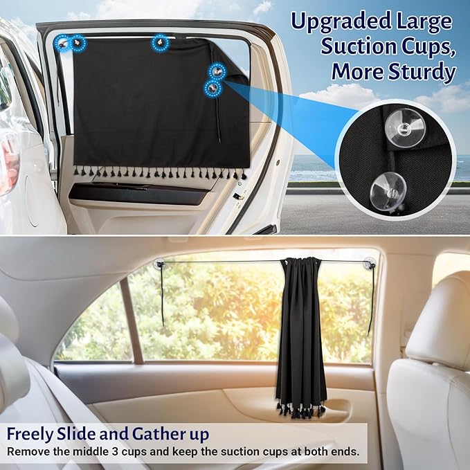 Car Window Shades with Tassels, 2pcs Car Sun Shades for Side Windows Suction Cups Screen Privacy Blackout Curtain for Baby, Sun Glare Cover/UV Heat Blocker