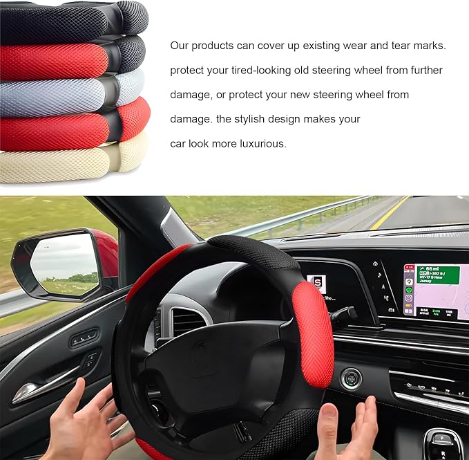 Car Steering Wheel Cover, 15" Breathable Ice Silk Auto Wheel Protector with Comfortable Grip, Anti-Slip Slip-on Steering Wheel Wrap Soft Hand Pad Cushion for Women Men (Black & Red)