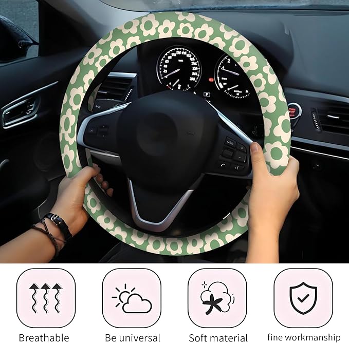 Car Steering Wheel Cover, Universal 15 Inch Neoprene Non-Slip Steering Wheel Covers, Funny Car Accessories for Women Men Fit Auto, Suvs, Truck Vintage Green Flowers