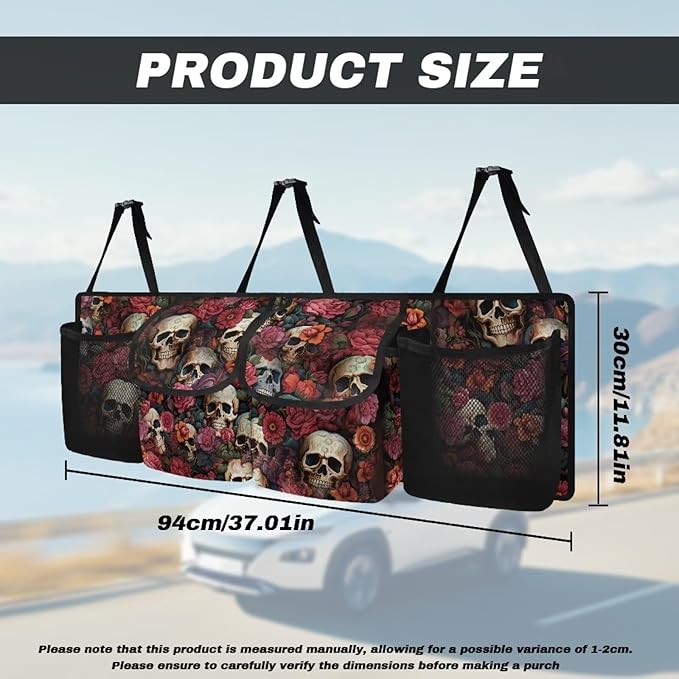 Skull Floral Car Trunk Organizer, Backseat Hanging Large Storage with Adjustable Straps & 4 Pockets, Waterproof Collapsible Cargo Bag, Car Interior Accessories for SUV, Truck, Van