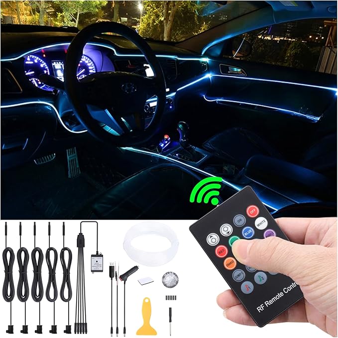 6 m Optic Fiber Car Ambient Lighting Kit RF Remote Control 8 Colors Multicoloured Music Interior Lighting Kit 12V 1W