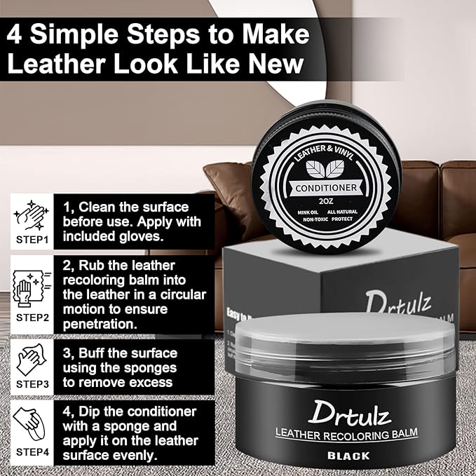 Black Leather Recoloring Balm, Leather Color Restorer Conditioner, Leather Repair Kits for Vinyl Furniture, Sofa, Car Seats, Shoes - Repair Leather Color on Faded & Scratched Leather Couches