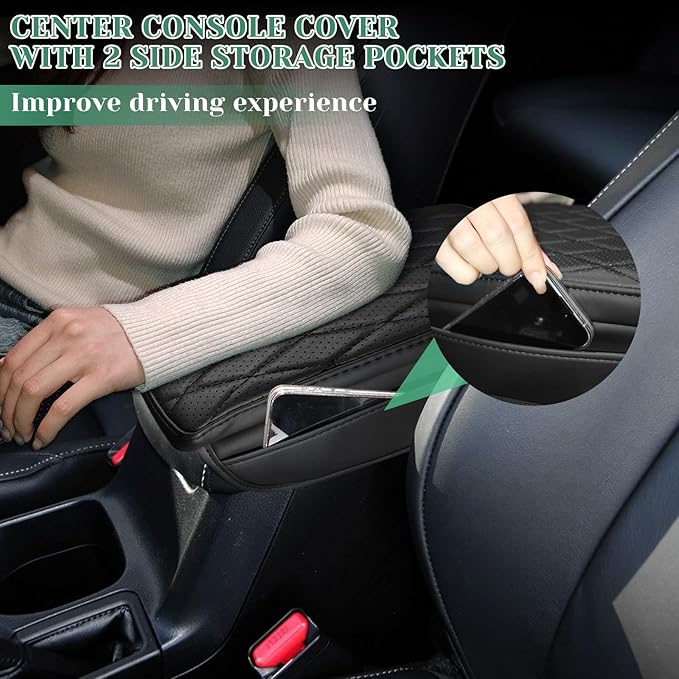 Center Console Armrest Cover Compatible with Toyota RAV4 2013-2018 Leather Middle Console Arm Rest Box Protector Cushion Padding with Side Pockets Anti-Scratch Black