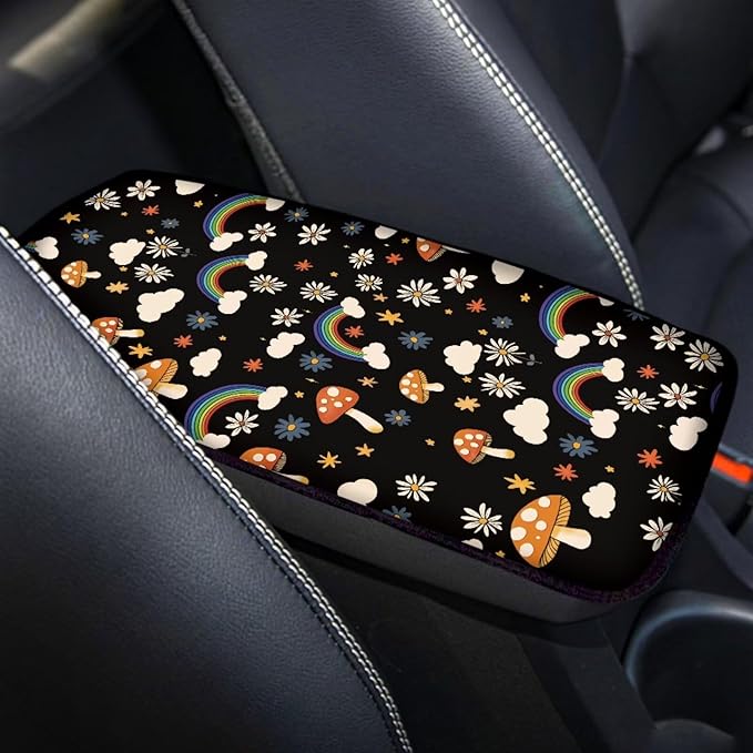 UNICEU Mushroom Rainbow Print Car Center Console Armrest Cushion Pad Auto Interior Decor Accessories Neoprene Armrest Box Protector Cover