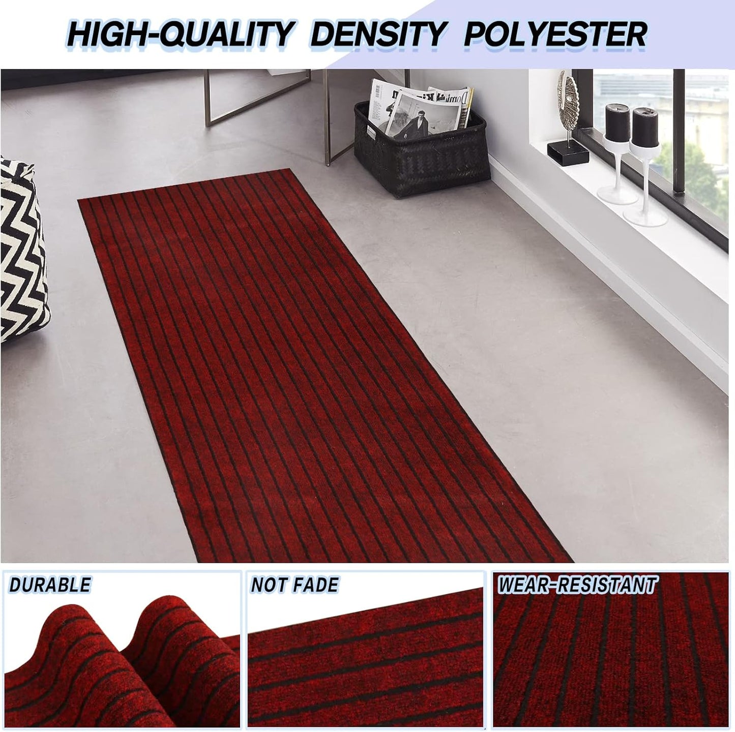 Custom Size Backed Non-Slip Area Rugs Runner, Easy Clean, Waterproof Runner Rugs for Hallway Entryway, Kitchen, Laundry, 2FT x 13FT, Red Stripe