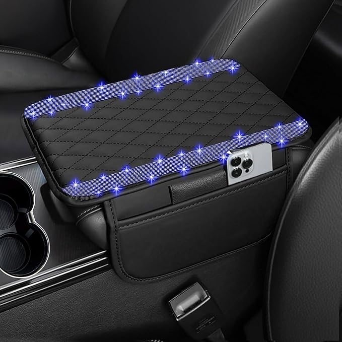 NBTEPEM Bling Car Center Console Cover, Leather Car Arm Rest Cover Cushion with 2 Storage Bags, Universal Automotive Armrest Protector Storage Box, Bling Accessories Interior for Most Vehicles (Blue)