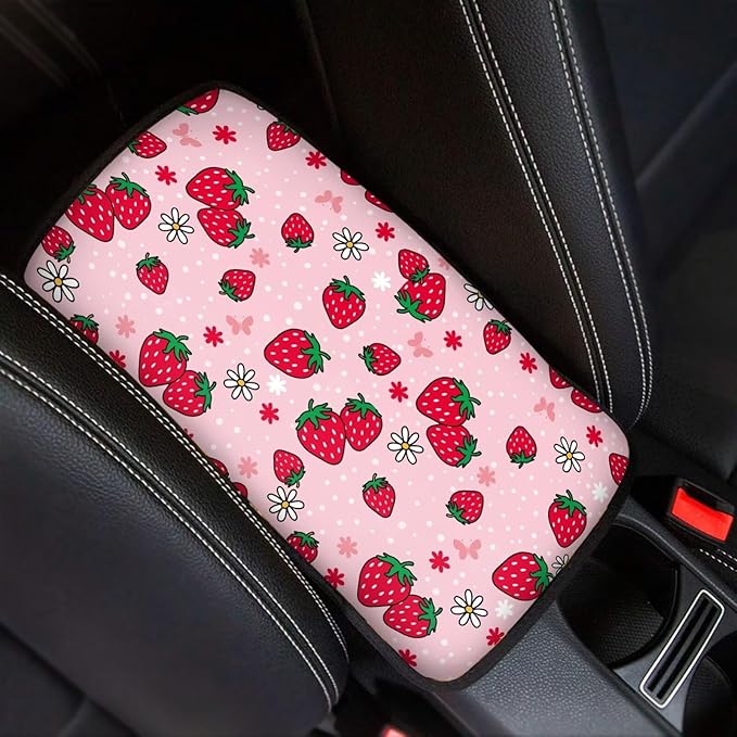 Strawberry Car Center Console Cover for Women Soft Comfy Car Arm Rest Cover Pad Universal Non-Slip Armrest Covers for Truck Van SUV