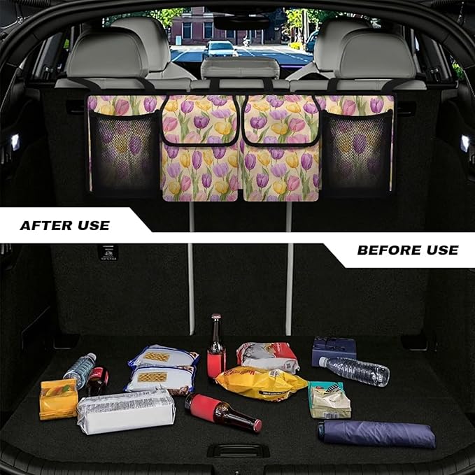 Trunk Organizer Oxford Cloth Car Storage Organizer Keep the Car Clean and Tidy Washable Car Trunk Organizers for Women, Easy to Install and Clean, Tulip Pattern