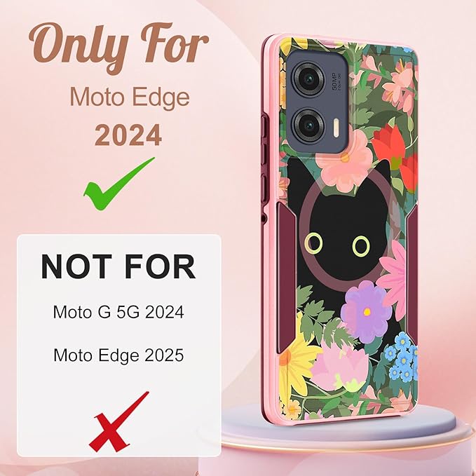 for Moto Edge 2024 Case - Compatible with MagSafe Women Girls Cute Magnetic Protective Phone Cover Kawaii Cat Flower Floral Heavy Duty Shockproof Design for Motorola Moto Edge 2024 Cases