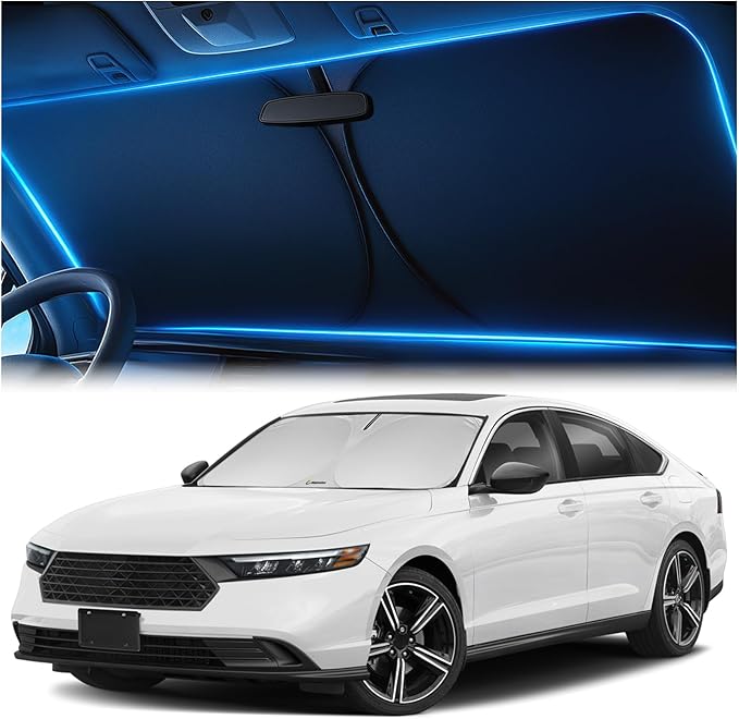 Windshield Sunshade for Honda Accord 2023, 2024, 2025 – Innovative No-Light-Pass Technology, Mirror Cut-Out, Blocks 99% UV Rays – Fade-Resistant, Easy-Fold Honda Accord Windshield Sun Shade