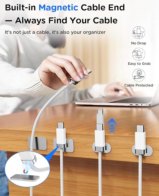 StayCable 3.3FT USB A to USB C Cable with Built-in Magnetic Holder for Nightstand, Desk and Car, 3A Fast Charging Anti-Drop Cord with 2 Adhesive Metal Plates, Braid Type-C Data Cable for iPhone 17