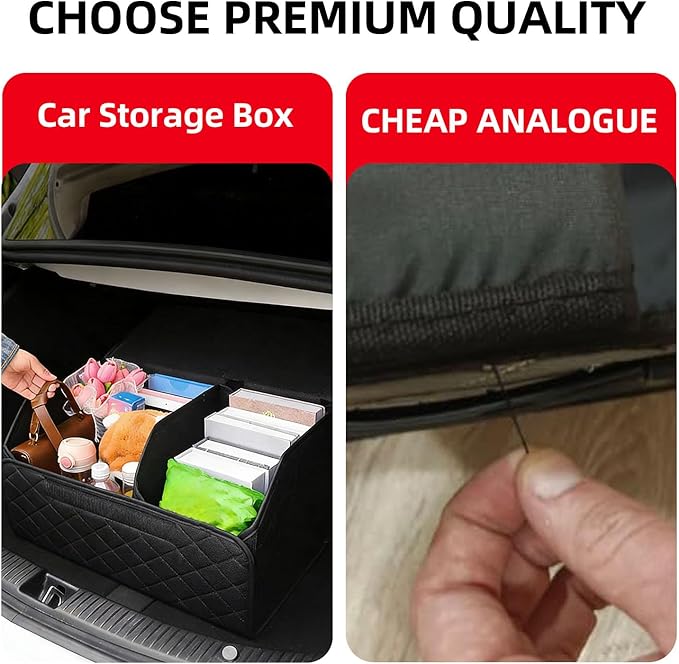 1Pack Leather Trunk Organizer for SUV & Sedans - Extra Large Foldable Car Storage Box with Lid, Adjustable Removable Dividers and Carry Handle, Collapsible Auto Cargo Organizer Black (1)