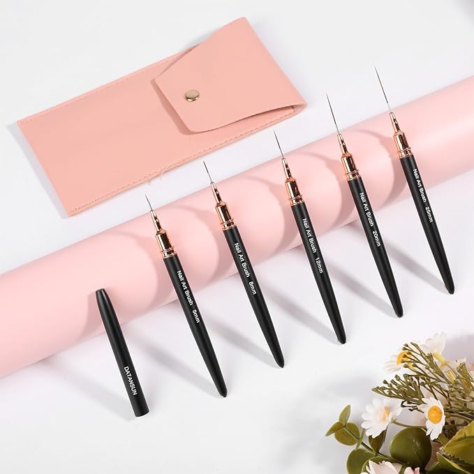 5PCS Nail Art Brushes Set with Pink Leather Case，【Metallic Material】 【Various Size】 【Light Weight】Nail Brush， Nail Brushes for Nail Art，Size：5mm,8mm,12mm,20mm,25mm，Black