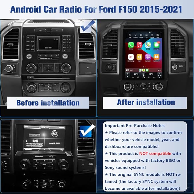 Car Radio Stereo Upgrade for Ford F150 2015-2021, Android 13 8 Core [4GB+64GB] Head Unit with T Style 12.1 Inch Touch Screen/Wireless CarPlay & Android Auto/Mirroring/WiFi/Bluetooth/FM/DSP/SWC