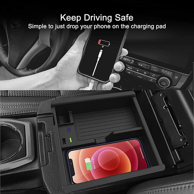 Car Wireless Charger for to-yo-ta Tacoma 2016-2021 Center Console Organizer Tray Accessory Panel with 18W USB Port 15W Fast inductive Mobile Phone Wireless Charging Pad