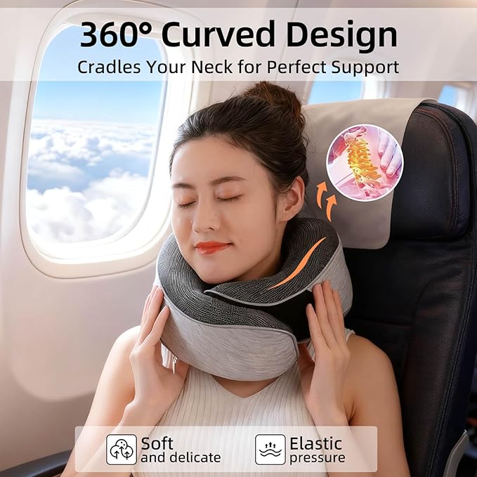 Travel Neck Pillows for Airplanes- 360° Support Memory Foam Travel Pillow with Portable Carry Bag Including Eye Mask & Earplugs, Gift for Long Flights, Car Rides & Office Naps (Grey)