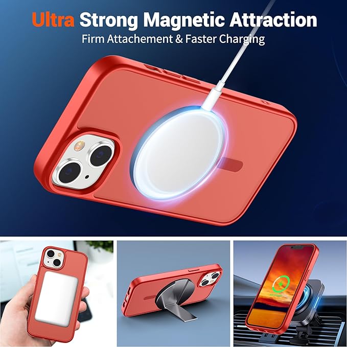SUPFINE Magnetic for iPhone 15 Plus Case & iPhone 14 Plus Case(Compatible with MagSafe)(Military Grade Drop Protection) Slim Translucent Shockproof with Anti-Fingerprint Phone Case,Red