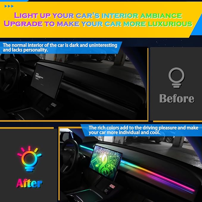 Dreamcolor Interior Acrylic Car Light Strip, 2 in 1 Car LED Strip Light with APP Control 43.3 Inches Fiber Optic Ambient Lighting Kits, Multi-Modes Sound Sync Neon Lights