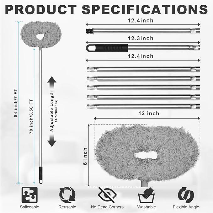 Storystore Ceiling Fan Cleaner Duster - Adjustable Duster with Extension Pole,Dusters for Cleaning Fan Blade, Walls and Cobweb (7FT/Grey)