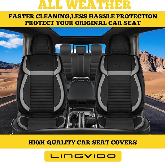 LINGVIDO Full Set Car Seat Covers, Faux Nappa Leather, Airbag Compatible and Waterproof Protectors for Sedans SUVs, Breathable Interior for Active Families, Pets, and Commuters (5 Seats, Black/Gray)