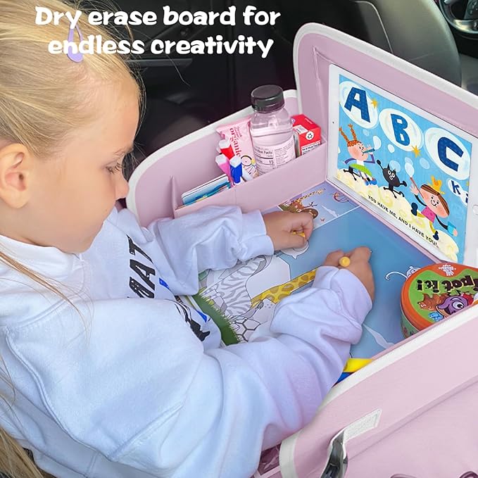 MENZOKE Kids Travel Tray for Toddler Car Seat, Toddler Gift for Girl Activities with Dry Erase Board & iPad Holder Stand,Road Trip Essentials Accessories Lap Tray for Girl as Birthday Gift,LightPurple