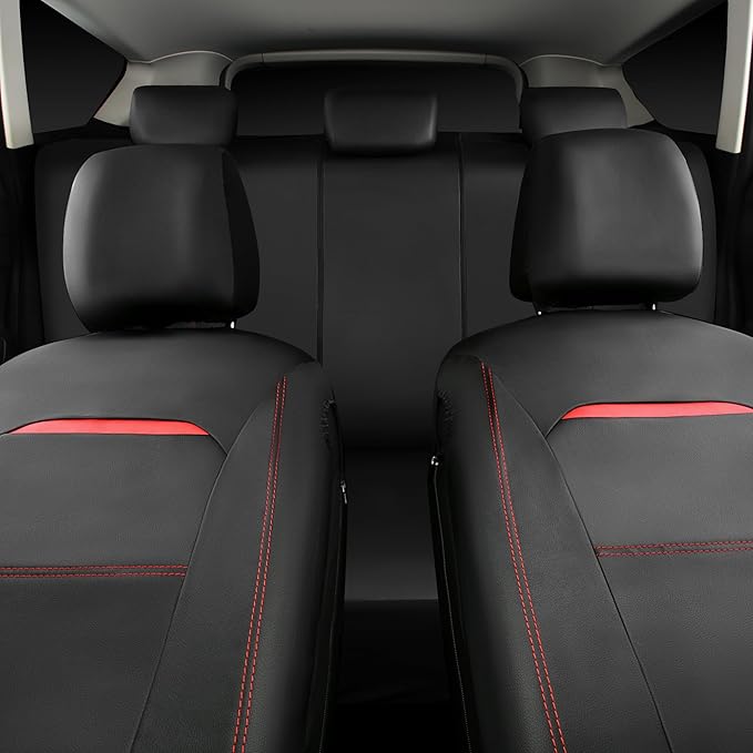 CAR PASS Leather Car Seat Cover Full Set with Steering Wheel Cover and 2PCS Seat Belt Shoulder Pads,for Trucks and SUV with Built-in Seatbelts and Front Seat Side Armrests(Combo Set, Black and Red)