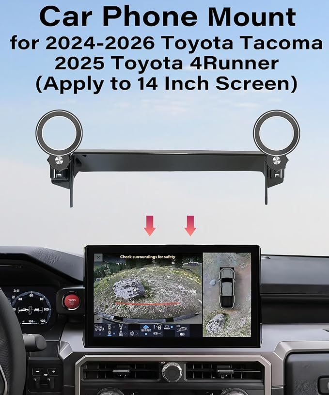 Car Phone Holder for 2024 2025 2026 Toyota Tacoma/2025 Toyota 4Runner Accessories Apply to 14 Inch Touch Screen Fixed Clip MagSafe Passenger Cell Phone Mount Handsfree 360° Rotation
