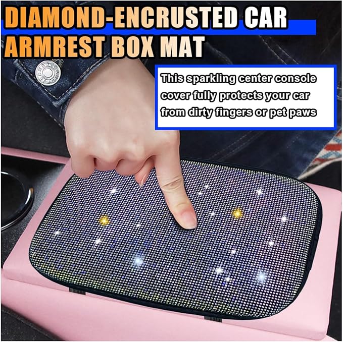 11.9''×8.4'' Bling Car Center Console Cover, Crystal Diamond Elbow Pillow Car Armrest Seat Box Cover, Soft Arm Rest Protective Cushion Pad for Women Girls, Auto Interior Decor for Car SUV (Multicolor)