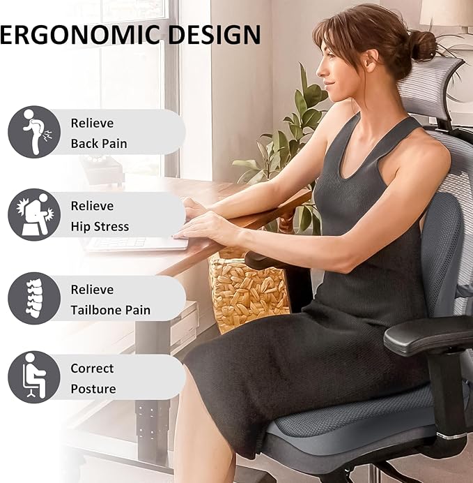 Seat Cushion,Lumbar Support Pillow for Office Chair,Memory Foam Coccyx Seat Cushion,Ergonomic Mesh Back Support Pillow,Office Desk Chair Cushion for Sciatica,Back&Tailbone Pain Relief,Grey