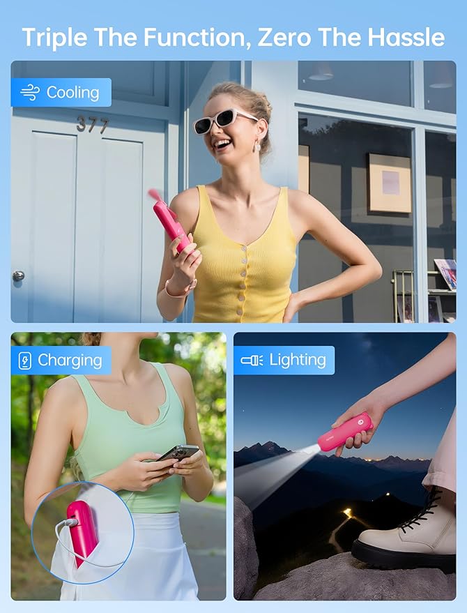JISULIFE 3 IN 1 Handheld Mini Fan - Portable Fan & Power Bank & Flashlight, 19H Max Cooling, USB Rechargeable, Pocket-Sized for Travel, Cruise, Concerts, Makeup, 2026 Summer Gifts for Women(Fuchsia)