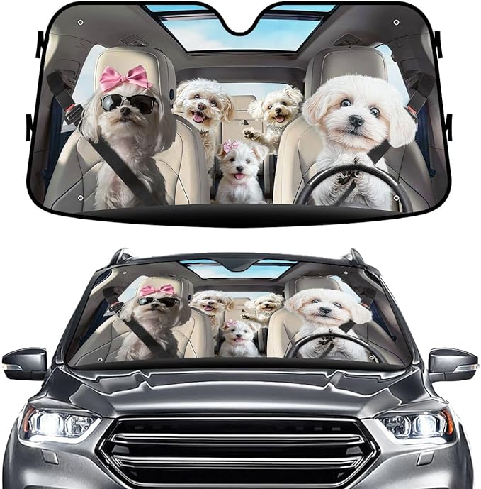 GENANY Cute Maltese Dog Family Funny Windshield Sun Shade for Car SUV Truck (55x30 Inches), Sun Shade Windshield, Shades for Front Windows, Protector Blocks UV, Car Decor