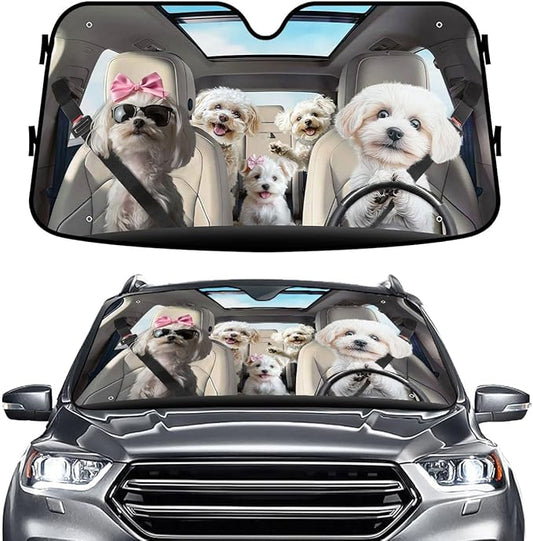 GENANY Cute Maltese Dog Family Funny Windshield Sun Shade for Car SUV Truck (55x30 Inches), Sun Shade Windshield, Shades for Front Windows, Protector Blocks UV, Car Decor