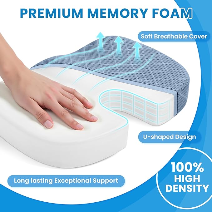 TushGuard Office/Car Seat Cushion, Non-Slip Sciatica & Back Coccyx Tailbone Pain Relief Chair Pad, Memory Foam Butt Pillow for Computer Desk, Wheelchair, Driving (Light Blue)