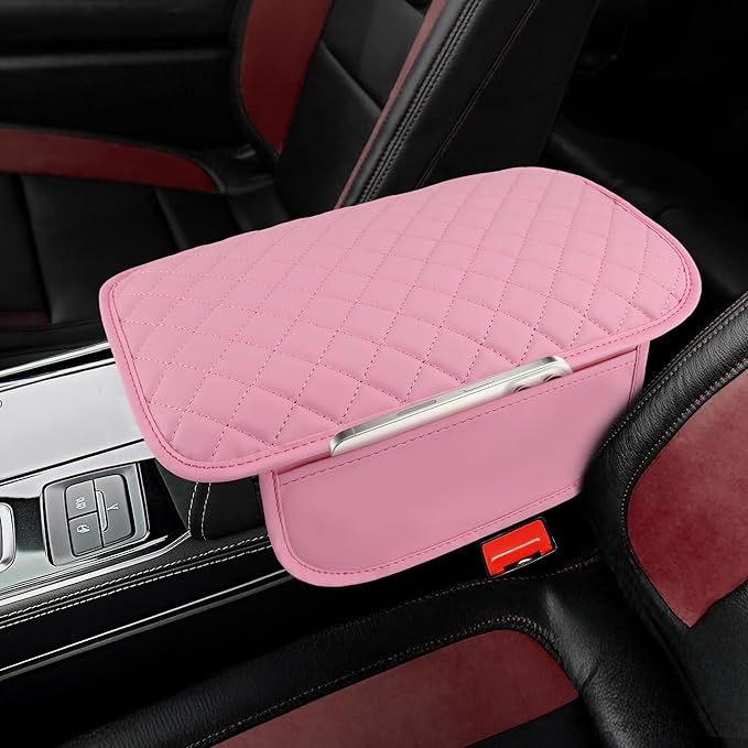 Upgraded Car Center Console Cover with 2 Storage,Arm Rest Covers Armrest Cover for Car, Microfiber Leather Car Armrest Cover Cushion, Universal Car Interior Accessories for Vehicles（Pink longer）