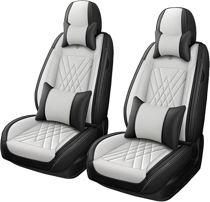 Car Seat Covers Compatible with Toyota Camry 2012-2026 Durable Waterproof Automotive Seat Covers Stretchable, Airbag Compatibility, Premium Nappa Leather(Black White, 2 Pcs Front with Pillow)