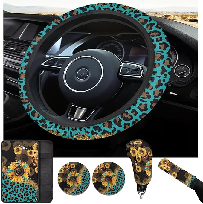 Sunflower Print Car Steering Wheel Cover Set for Men Women Leopard Print Auto Accessories 6 Pcs Sets Car Armrest Cover Handbrake Cover Suit for Most Cars Truck Vans SUV