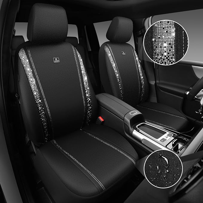 CAR PASS Oxford Bling Diamond Car Seat Cover 2 Front Interior Sets, Waterproof Universal Shining Glitter Sparkly Crystal Fit Armrest 95% Automotive Truck SUV Cute Women Girl, Black Silver Rhinestone