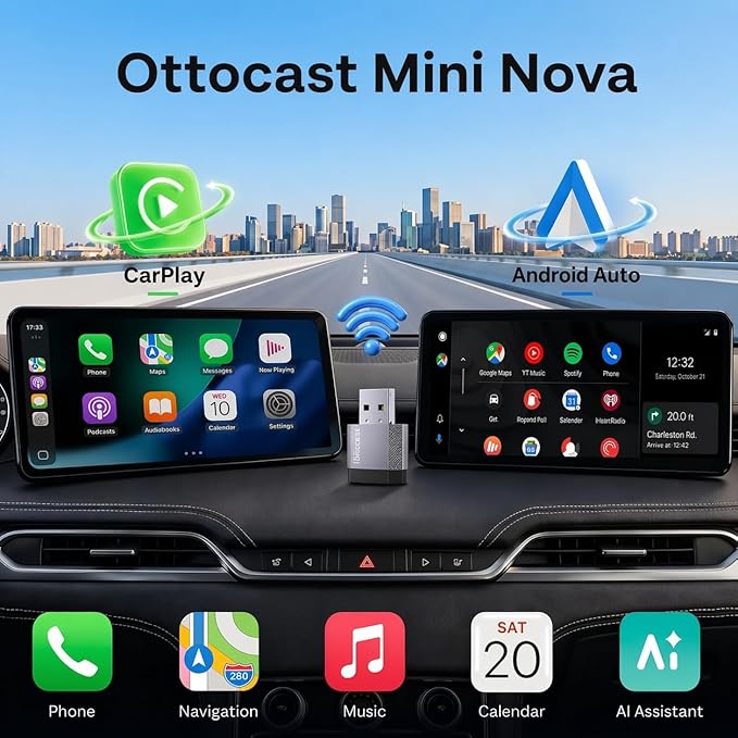 OTTOCAST Mini Nova, 2 in 1 Wireless Carplay & Android Auto Adapter, Plug & Play 2026 Upgraded with AI Assistance (ChatGPT, Gemini, Claude)