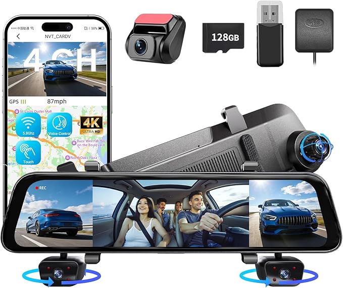 12" 4K+1080Px3,4 Channel Mirror Dash Cam Front and Rear with STARVIS Sensor, Rear View Mirror Camera,Back up Camera for Cars,8 IR Night Vision,WiFi,GPS,Voice Control,Free 128G SD
