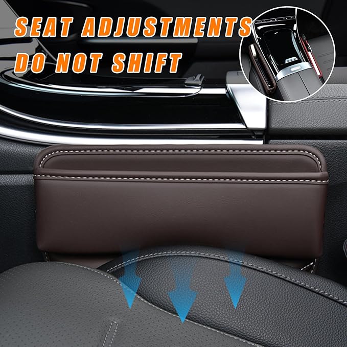 Ziciner Car Seat Gap Organizer, Premium Leather Auto Seat Storage Box, Vehicle Adjustable Front Seat Gap Filler, Car Seat Side Pocket Organizer for Phones, Glasses, Keys, Money, Cards (Coffee)